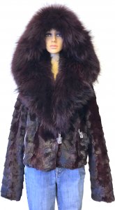 Winter Fur Ladies Burgundy Genuine Diamond Mink Motor Jacket With Fox Collar And Hood W49S07BD.