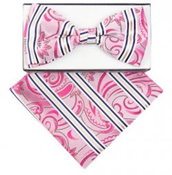 Classico Italiano Pink / Fuchsia / Black / White Design Silk Bow Tie / Hanky Set BH2601