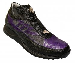 Mauri 8555 Black / New Grape Genuine Alligator / Metallic Fabric / Pebble Grain Nappa Leather Sneakers With Two Silver Hardware