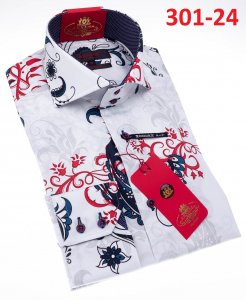 Axxess White / Navy / Red Modern Fit Cotton Dress Shirt With Button Cuff 301-24.