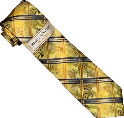 Stacy Adams Collection SA115 Gold / Mustard / Navy Blue Diamond Paisley Design 100% Woven Silk Necktie/Hanky Set