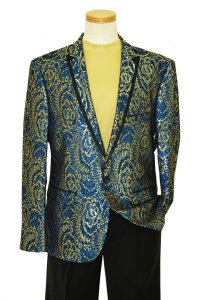 Giovanni Testi Royal Blue / Gold Lurex / Black Laced Floral Blazer With Black Trimmed Satin Lapels GT1BR-1292