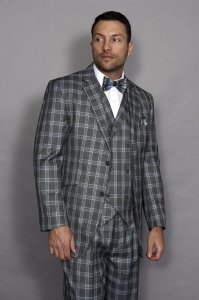 Statement Confidence Grey / Turquoise / Silver Plaid Super 150's Wool Vested Suit TZ-954
