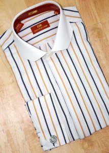 Steven Land White With Camel/Brown Stripes Hexagon Spread Collar 100% Cotton Shirt