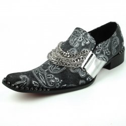 Fiesso Silver / Black Genuine Leather With Silver Chain Ornament /Metal Tip Slip-On FI7322.