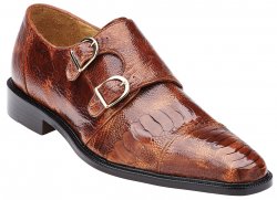 Belvedere "Sato" Brandy All-Over Genuine Ostrich With Double Buckle Monk Strap Shoes 1601