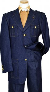 Il Canto Blue Denim Iridescent Suit With Cognac Hand-Pick Stitching And Shoulder Epaulettes 100% Cotton 8372