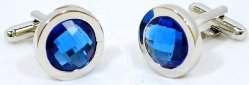 Fratello Silver Plated Round Cuff links Set With Large Sapphire Rhinestone 23172