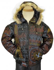 Phat Boi "World Tourist" Black Genuine Leather Bomber Jacket With Genuine Fox Fur Trim Hood Hand Embroiderey Design w/ Detachable Hood