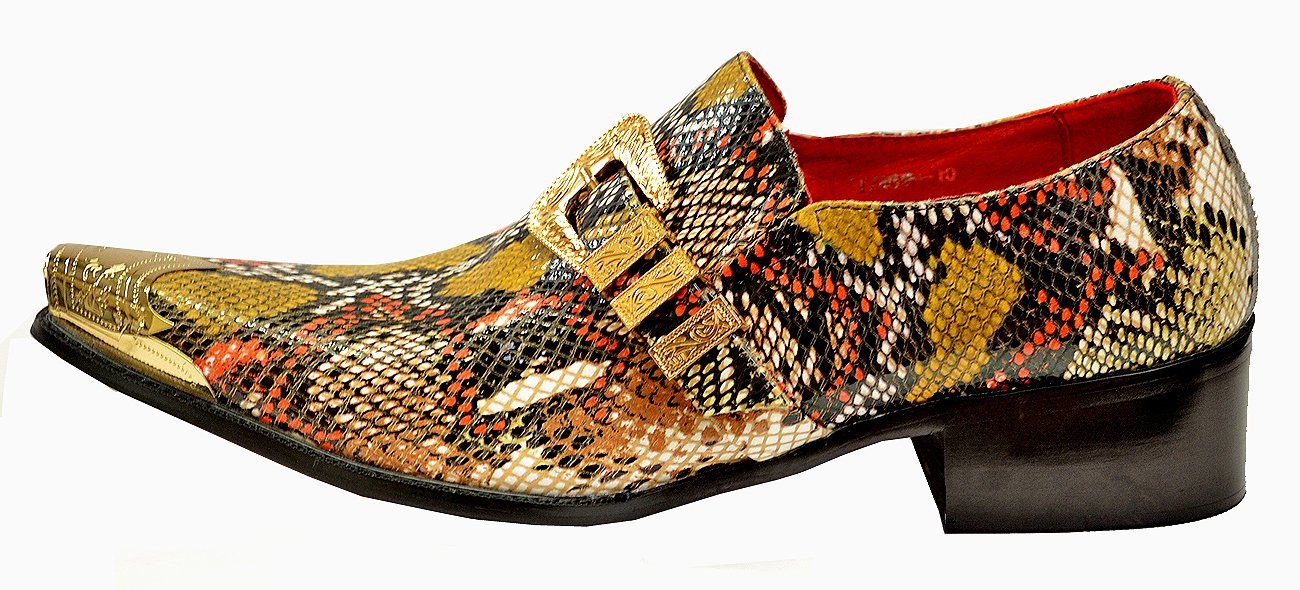 Fiesso Black / Camel / Red / Gold Python Print Leather Monk Strap Shoes ...