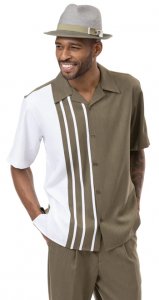 Montique Olive Green / White Vertical Striped Short Set Outfit 7201