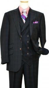 Extrema Navy Blue With Mauve Double Windowpanes Super 140's Wool Vested Suit 31819-1/9