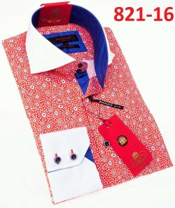 Axxess White/ Red/ Blue Artistic Design Cotton Modern Fit Dress Shirt With Button Cuff 821-16.