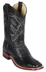 Los Altos Black Genuine Caiman Hornback Leather Wide Square Toe Cowboy Boots 8220205