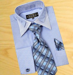 Daniel Ellissa Light Blue / White Stripes With White / Light Blue Checkerboard Double Collar Shirt / Tie / Hanky Set With free Cufflinks FS1118P2