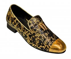 Fiesso Metallic Gold / Black / Gold Snake Print Genuine Leather Loafer Shoes With Gold Metal Cap And Gold Metal Tassels FI6919