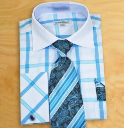 Daniel Ellissa White / Turquoise Blue Windowpane Dress Shirt / Tie / Hanky / Cufflinks Set DS3768P2
