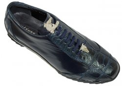 La Scarpa "Zeus" Navy Blue Genuine Ostrich And Lambskin Leather Casual Sneakers With Silver Alligator On Front
