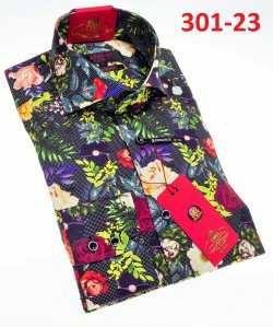 Axxess Black / Multi-Color Floral Design Modern Fit Cotton Dress Shirt 301-23.