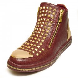 Encore By Fiesso Burgundy / Gold Leather High Top Sneakers With Metal Studs FI2270.
