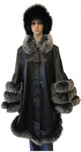 Winter Fur Ladies Black Genuine Lamb Skin With Fox Trimming Cape W00P02BK.