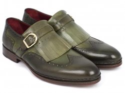 Paul Parkman ''060-GREEN'' Green Genuine Leather Wingtip Monkstrap Shoes.