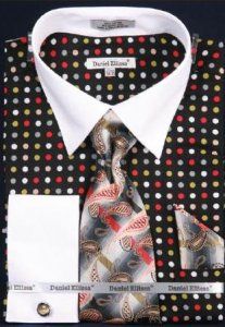 Daniel Ellissa Black Green Multi Polka Dot Shirt / Tie / Hanky Set With Free Cufflinks DS3769P2