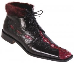 Mauri "Vail" 4409 Black / Ruby Red Genuine Hornback Crocodile Tail / Ostrich Leg Mink Fur Lining Boots