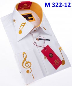 Axxess White / Yellow Cotton Music Design Modern Fit Dress Shirt With Button Cuff M322-12.