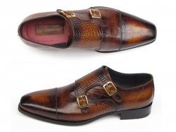 Paul Parkman "045-APR-BRW" Brown Crocodile Embossed Calfskin Double Monkstrap Shoes.