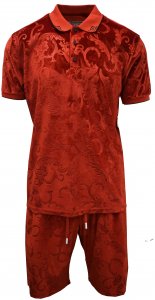 Stacy Adams Red / Black Velour Greek Design Cotton Blend Short Set Outfit VPS-553