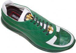 Mauri 8702 Leaf Green/White Genuine Alligator And Mauri Embossed Nappa Leather Sneakers With Gold Mauri Alligator Head