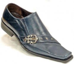 Fiesso Navy Leather Shoes With Metal Anchor Buckle And Metal Studs On The Strap FI8125