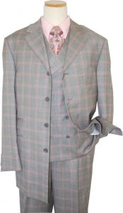 Steve Harvey Collection Grey/Salmon Windowpane Super 120's Merino Wool Vested Suit
