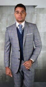 Statement "Porto" Silver / Blue Windowpane Super 150's Wool Vested Modern Fit Suit