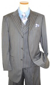 Mantoni Dark Grey with Slate Blue/Taupe Stripes Super 140's Virgin Wool Vested Suit 60603