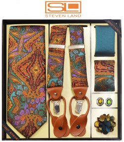 Steven Land G8 Teal / Rust / Black / Multi Color Paisley Silk Necktie / Suspender Gift Set