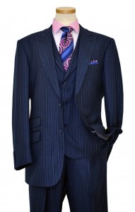 Extrema Navy Blue / Sky Blue / Royal Blue Stripes With Navy Blue Handpick Stitching Super 140's Wool Vested Wide Leg Suit 29661/23