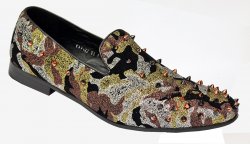Fiesso Black / Brown / Silver / Gold Camouflage Design Spiked Velvet Loafers FI7127
