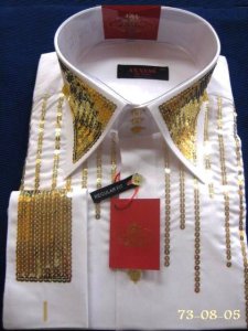 Axxess White With Gold Metalic Lurex Handpick Stitching 100% Cotton Regular Fit Dress Shirt 73-08-05