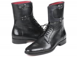Paul Parkman ''F555-BLK'' Black Genuine Calfskin leather Cap-Toe High boots with Buckles.