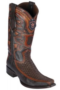 Los Altos Suede Brown Genuine Python and Deer European Square Toe Cowboy Boots 76FN5707