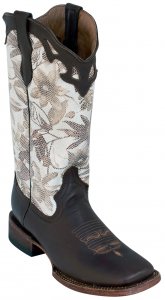 Ferrini Ladies 81093-19 Chocolate / White Floral Genuine Cowhide Leather S-Toe Cowboy Boots.