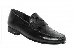 Lombardy Black Genuine Lizard / Leather Check Pattern Penny Loafer Shoes ZLA038605.
