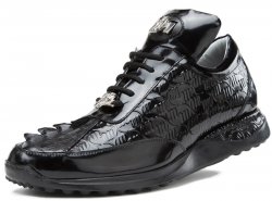 Mauri "Blunt" 8514 Black Genuine Hornback Crocodile / Brushed Off Embossed Leather Sneakers With Alligator Head On Laces