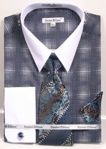 Daniel Ellissa Navy Blue / White Woven Design Dress Shirt / Tie / Hanky / Cufflink Set DS3796P2