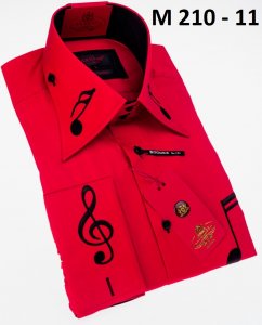 Axxess Red / Black Music Note Embroidered Cotton Modern Fit French Cuff Shirt M210-11