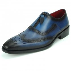 Encore by Fiesso Blue Genuine Leather Wing Tip With Front Zipper FI8714.