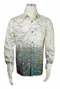 Pronti Off-White / Green / Gold Metallic Multi-Pattern Long Sleeve Shirt S6510