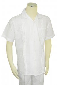 Successos White Woven / Pleated Design Linen / Cotton Short Sleeve Outfit SP3351